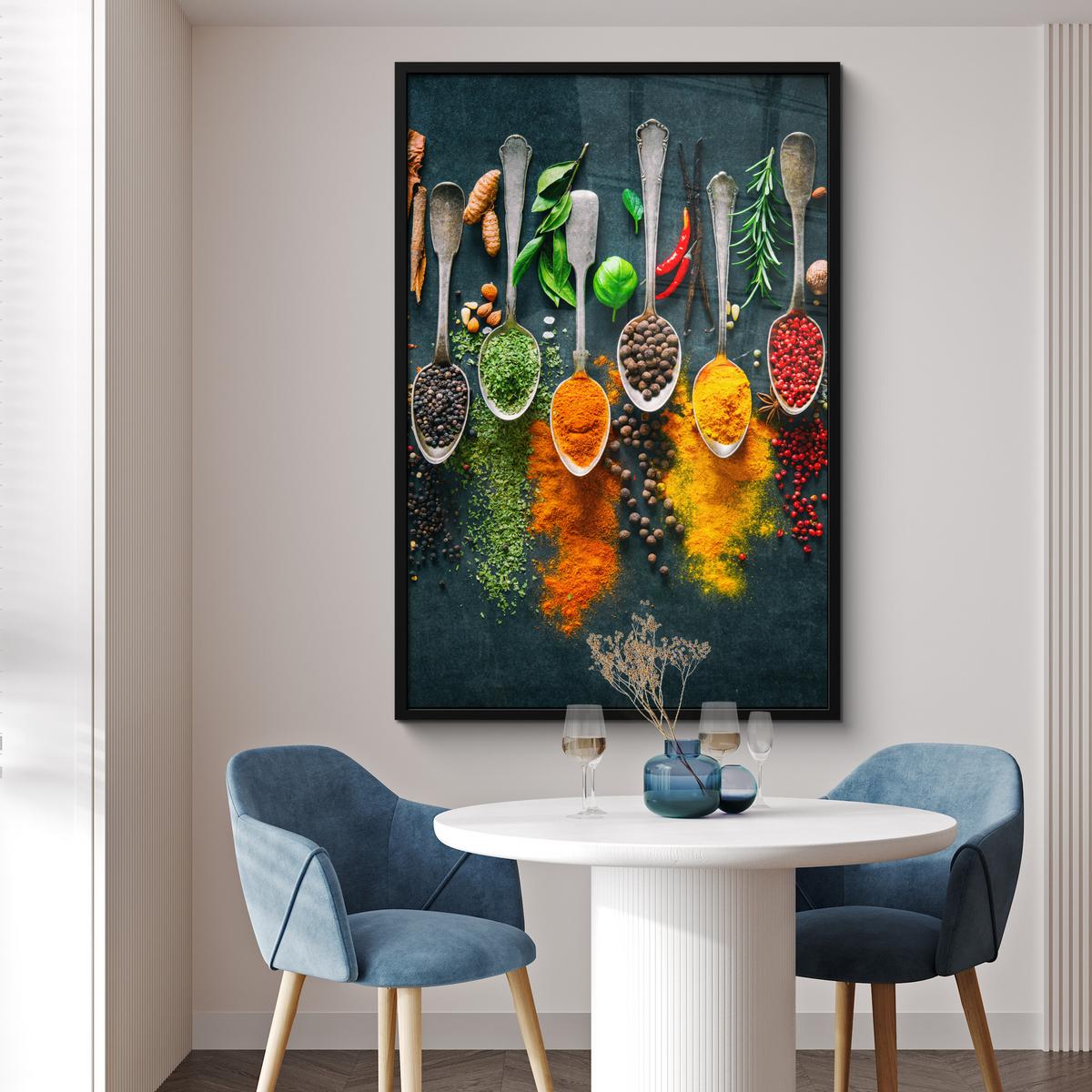 POSTER MIT RAHMENGERAHMTES BILD Kräuter - Gewürze - Löffel Bilderleiste 80x120 cm - Currygelb, Papier (80/120cm) - MuchoWow