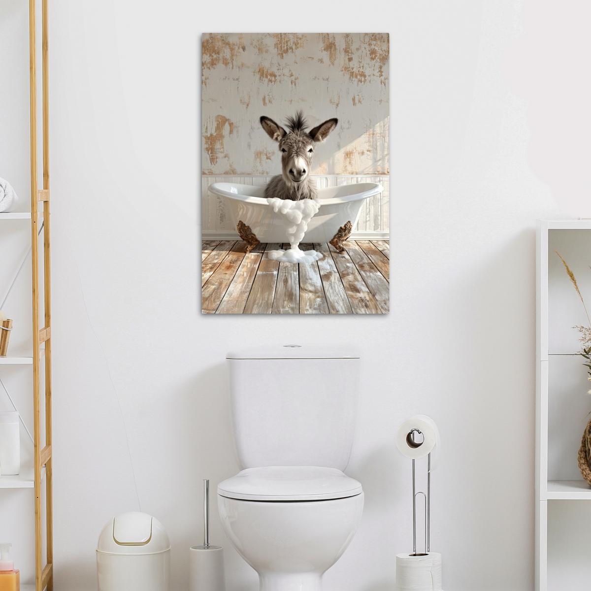 LEINWANDBILD Esel - Tiere - Badewanne - Schaumstoff Wanddeko Schlafzimmer 60x90 cm - Weiß, Textil (60/90cm) - MuchoWow
