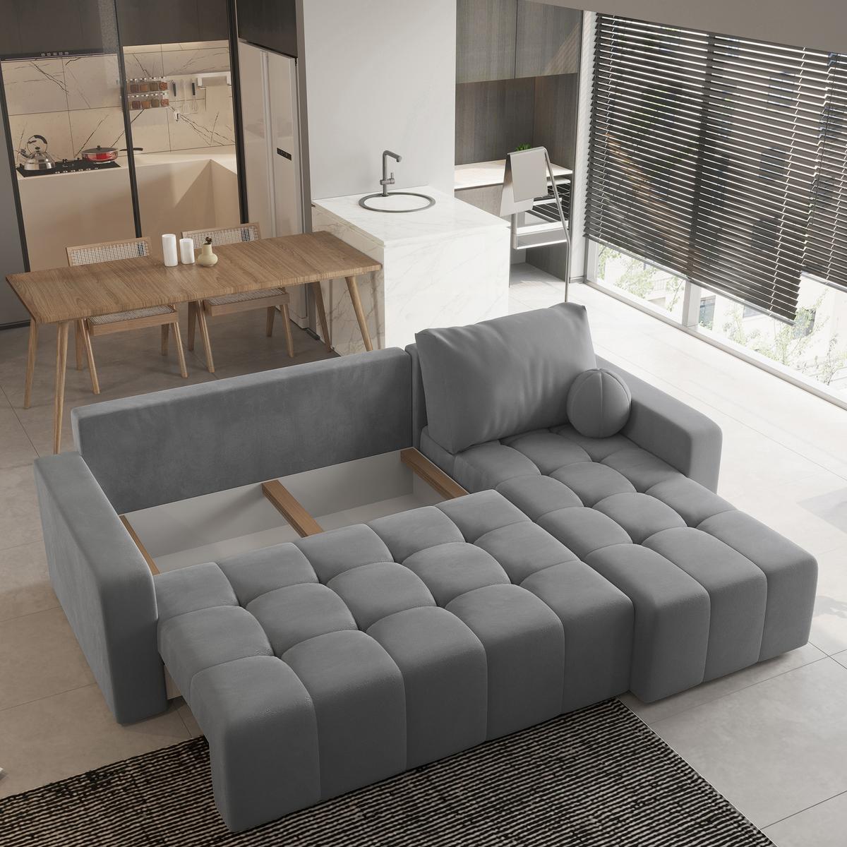 ECKSOFA VOLIRA Grau Plüsch-Stoff mit Schlaffunktion - Grau, Holz (230/143cm) - MASSENO