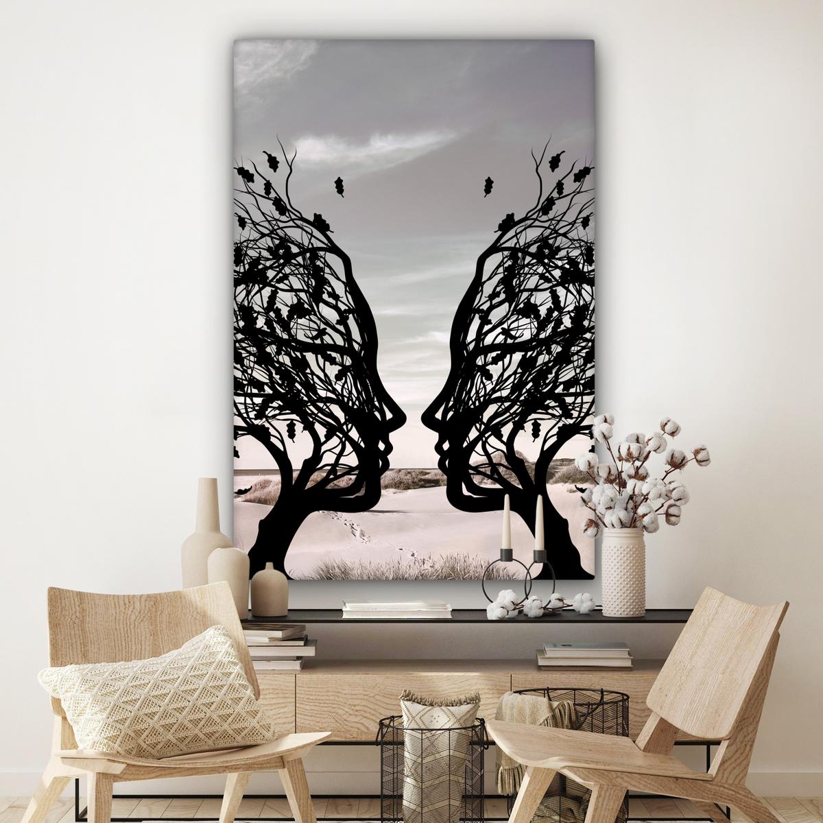 LEINWANDBILD Strand - Meer - Menschen - Baum - Moderne Kunst Deko Groß 90x140 cm - Hellgrau, Textil (90/140cm) - MuchoWow