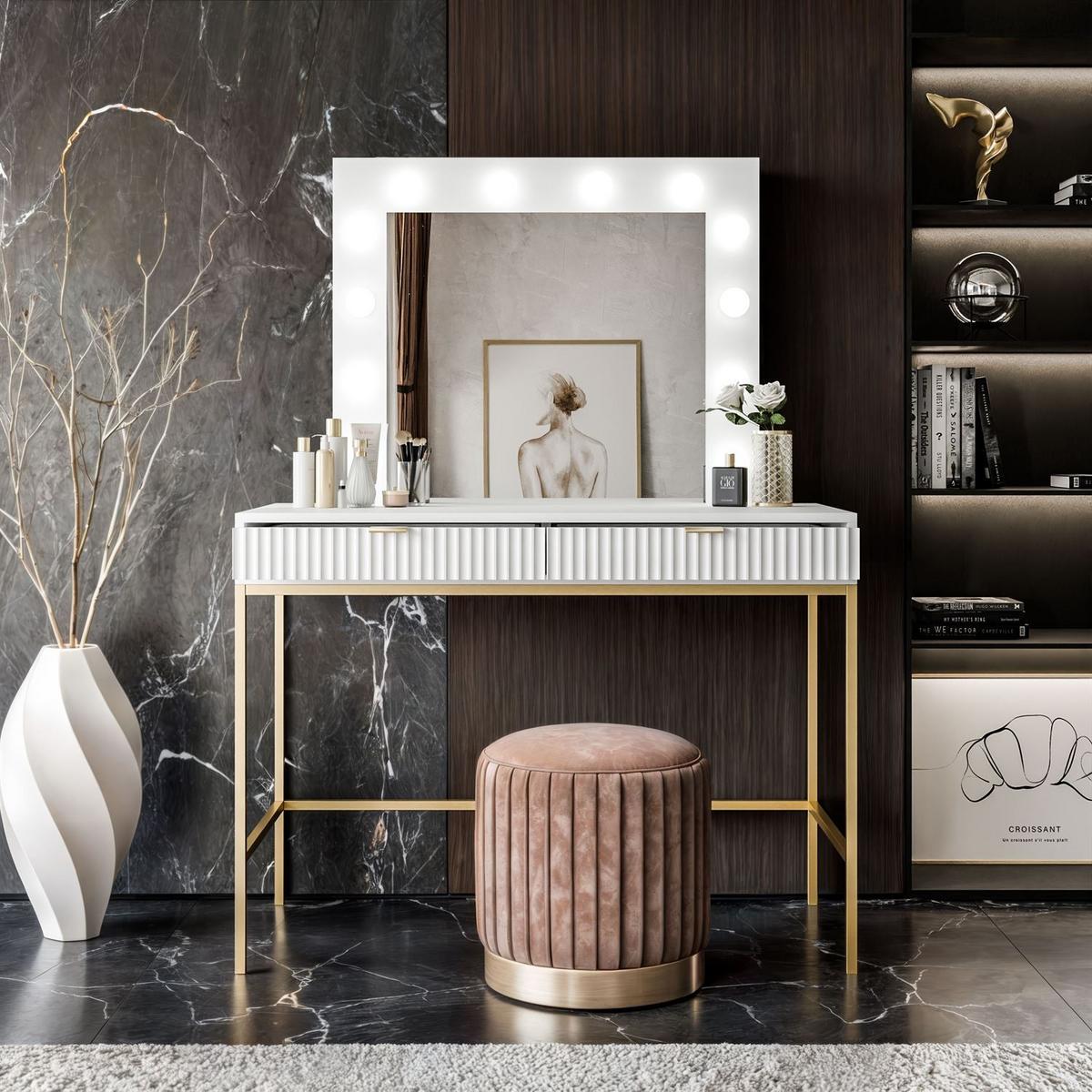 SCHMINKTISCH MIT SPIEGEL CORTADO GOLD T104 WEISS - Weiß, Holzwerkstoff (104/78/50cm) - Lookway