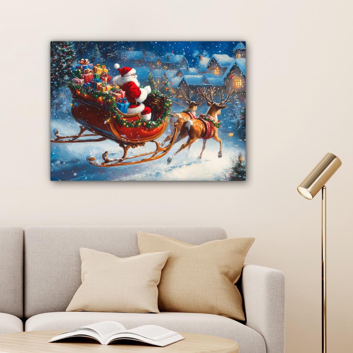 LEINWANDBILD Weihnachtsmann - Rentier - Weihnachten - Schnee Wandbilder 80x60 cm - Cognac, Textil (80/60cm) - MuchoWow