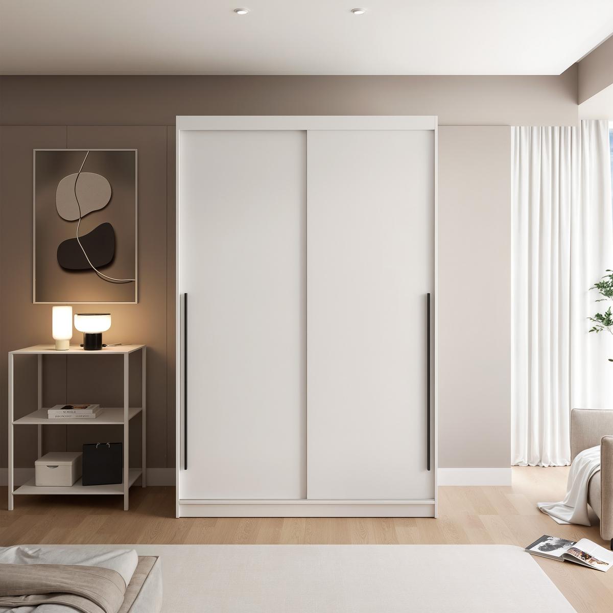 SCHIEBETÜRENSCHRANK SILENTE 140 cm mit Einlegeböden und Kleiderstange - Weiß, Holzwerkstoff (140/215/60cm) - Idohome