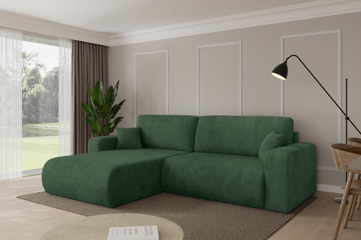 ECKSOFA mit Schlaffunktion Ottomane Links BERY-L 276x193x88 Grün Cord - Dunkelgrün/Schwarz, Holzwerkstoff/Kunststoff (276/193cm) - ALTDECOR