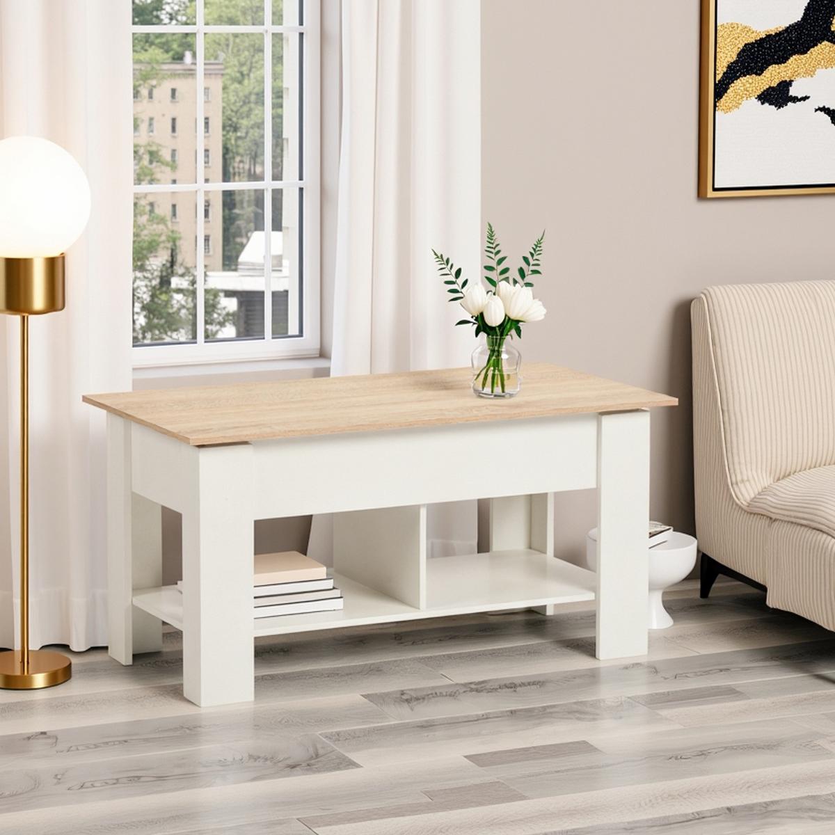 COUCHTISCH mit Lift-Top, Stauraum und Ablagefach, Weiß/Eiche - Goldfarben/Weiß, Holz (96/50/47cm) - Urban Meuble