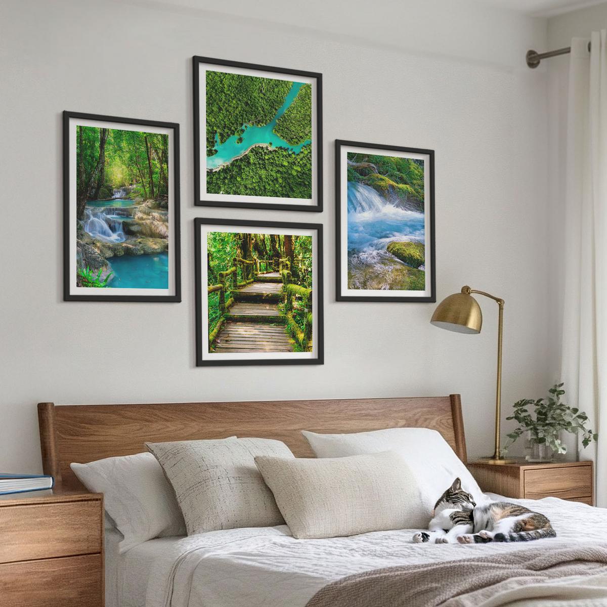 BILDER SET 4er Set - 50x50 cm & 40x60 cm Schwarzer Rahmen - Grüne Wälder, kristallklares Wasser - Schwarz, Kunststoff (50/50cm) - TULUP