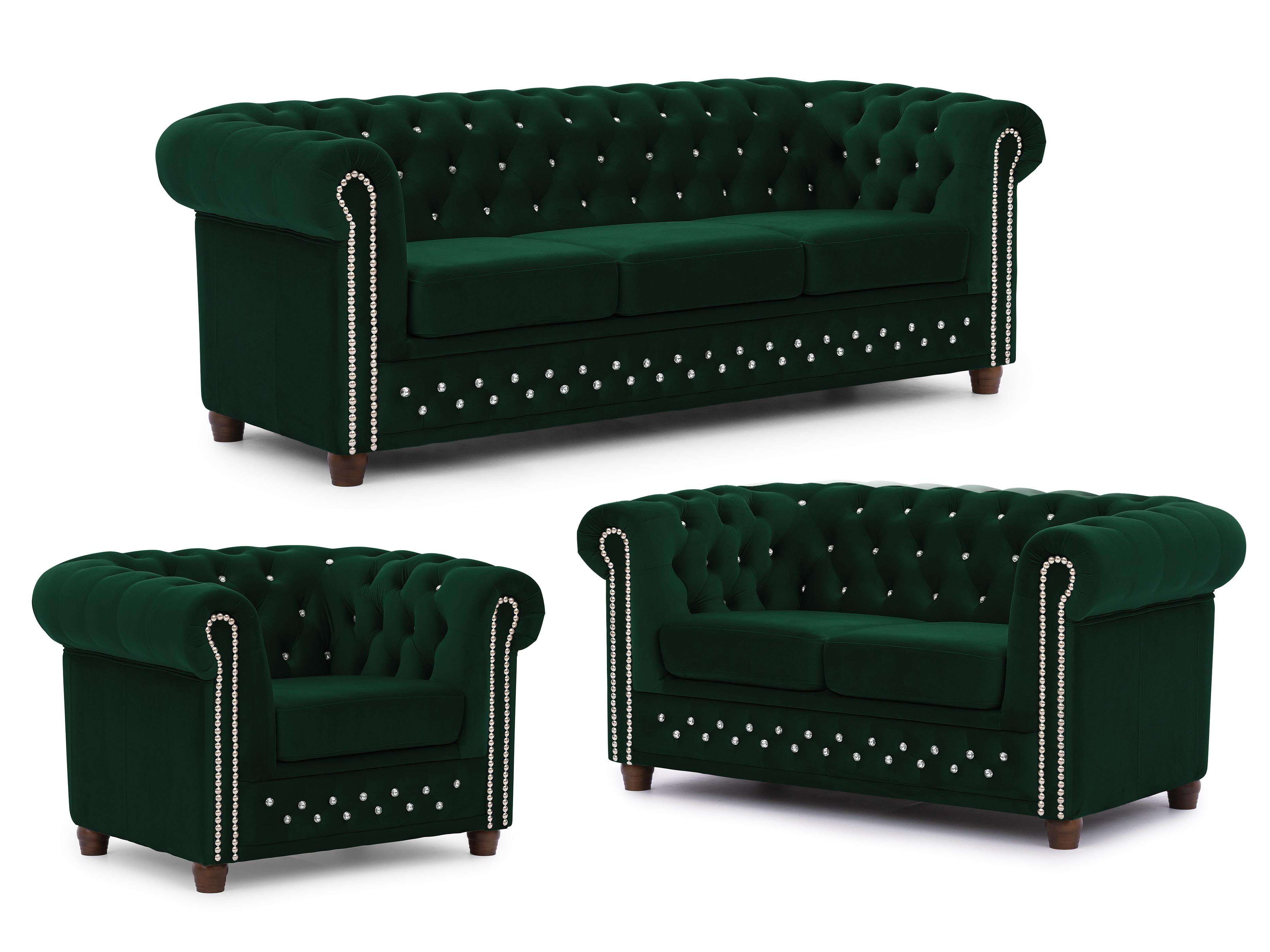 SITZGARNITUR 3+2+1 Chesterfield Cleo Blink Flasche Grün Samt mit Kristallsteppung und braunen Massivholzfüßen - Braun/Grün, Holz/Textil (203/72/86cm) - S-Style Möbel