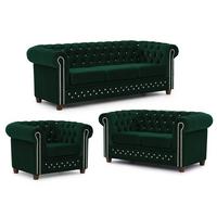 SITZGARNITUR 3+2+1 Chesterfield Cleo Blink Flasche Grün Samt mit Kristallsteppung und braunen Massivholzfüßen - Braun/Grün, Holz/Textil (203/72/86cm) - S-Style Möbel
