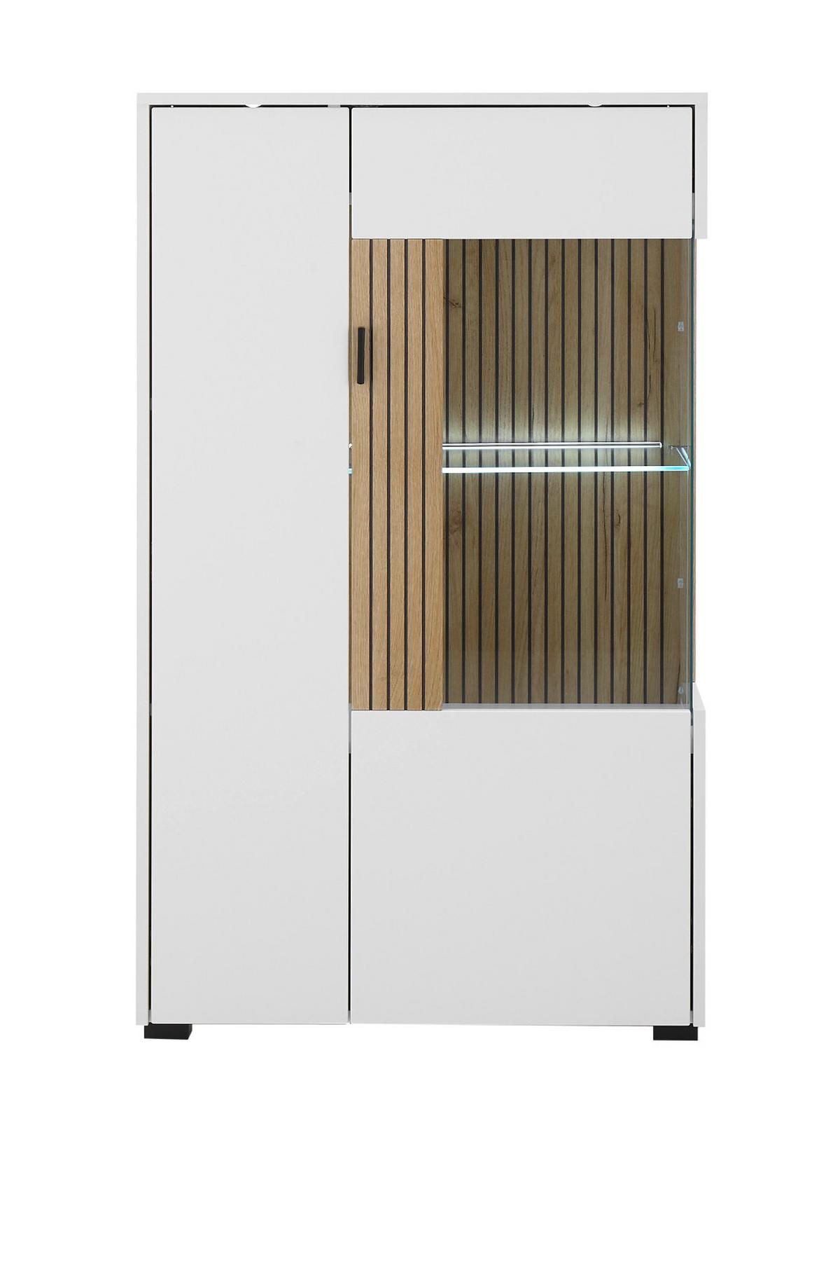 VITRINE weiß matt, Eiche 75 x 125 cm, Highboard mit Soft-Close-Funktion - Eichefarben/Schwarz, Glas/Holzwerkstoff (75/125/38cm) - Furn.Design