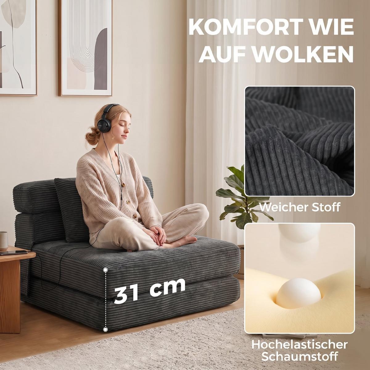 BODENSTUHL Cord Schaumstoff Dunkelgrau - Dunkelgrau, Textil (76/62/100cm) - HOMCOM