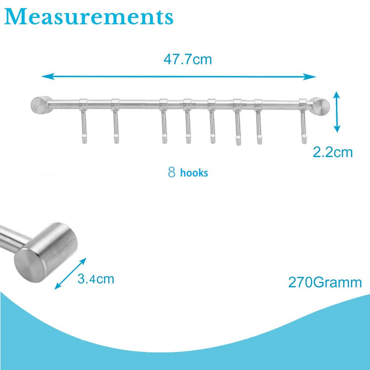 KÜCHEN HÄNGELEISTE mit 8 Haken - Silberfarben, Metall (3.4/2.2/47.7cm) - Intirilife