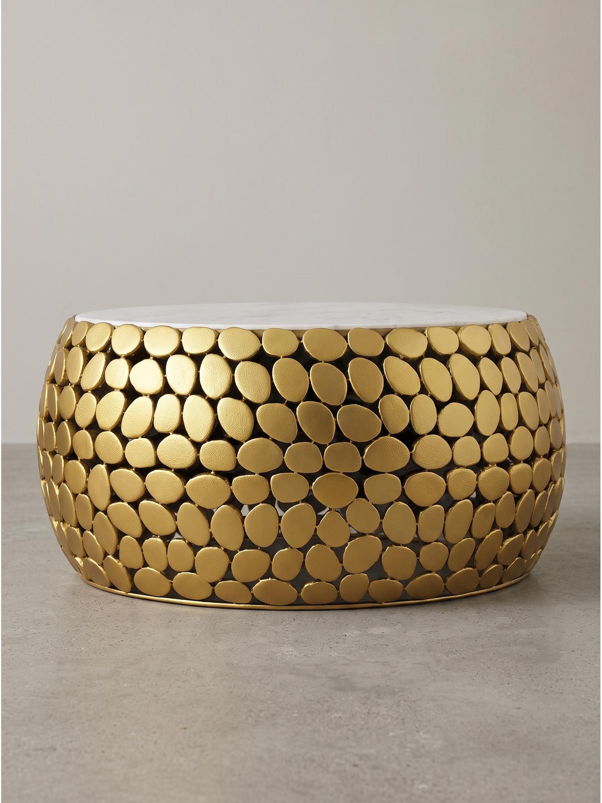 COUCHTISCH DIEMEL, Marmor, handgefertigt, Gold-Weiß, Ø 66 x 32 cm - Goldfarben, Stein/Metall (66/66/32cm) - KADIMA DESIGN
