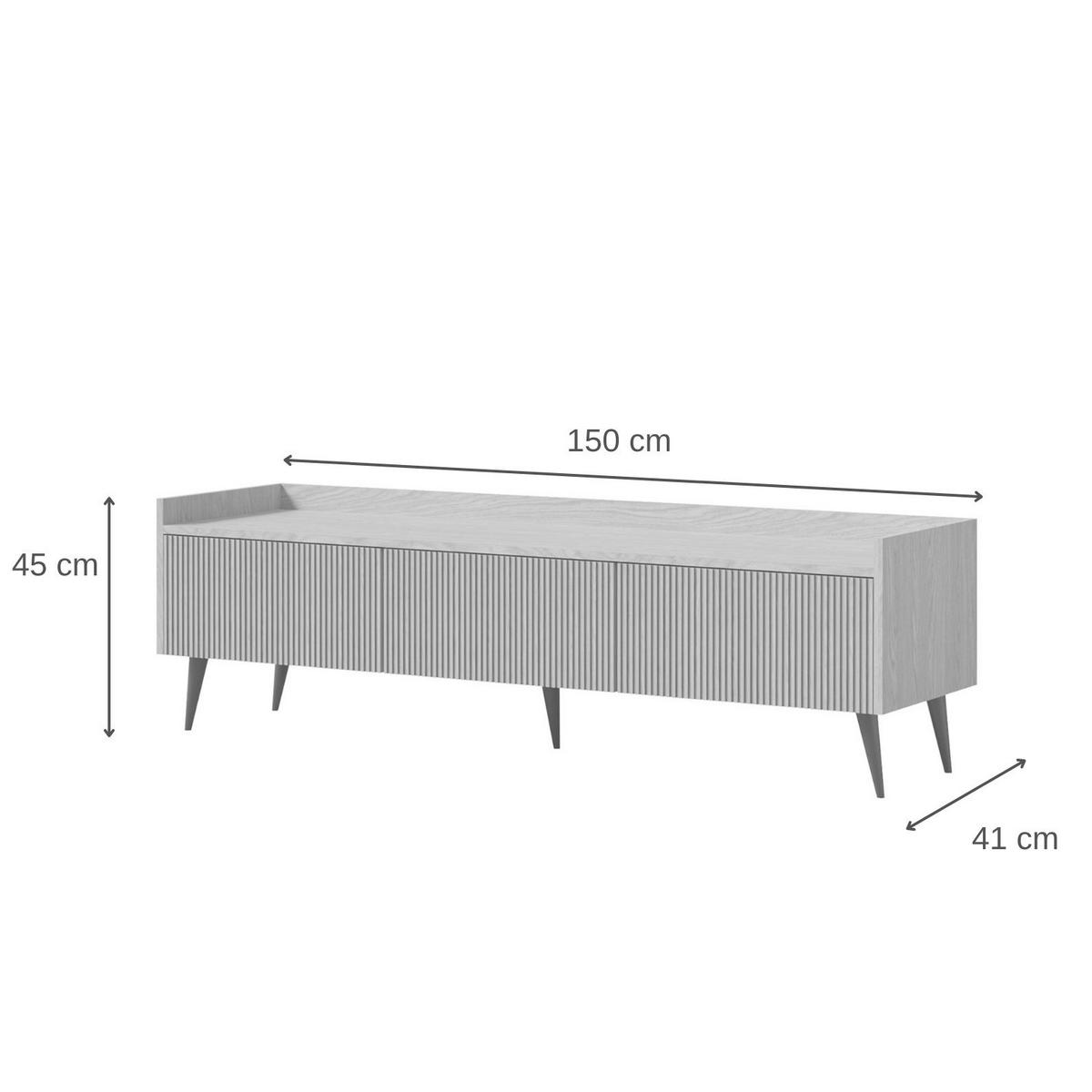 LOWBOARD Amfali mit 3 Klapptüren, geriffelte Fronten, Push-to-open, Metallbeine, 150 cm, Frühlings-Eiche - Eichefarben/Schwarz, Holzwerkstoff/Metall (150/45/41cm) - Beautysofa