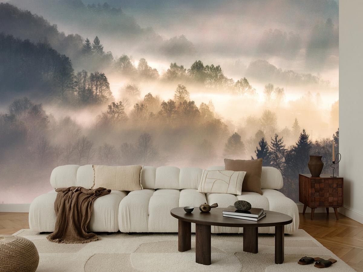 FOTOTAPETE für Wohnzimmer Natur Nebeliger Wald Sonnenaufgang Gebirge 100x70 - Gelb/Creme, Papier (100/70cm) - Muralo