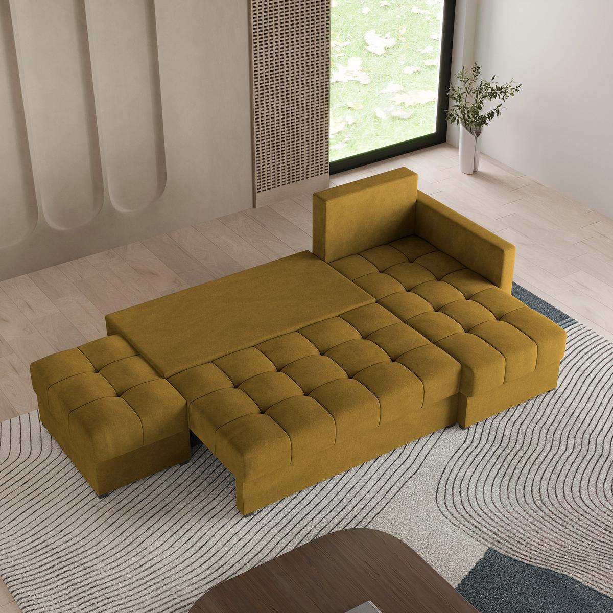 ECKSOFA LUMARI R-S Gelb Plüsch-Stoff mit Schlaffunktion - Gelb, Holz (262/143cm) - MASSENO