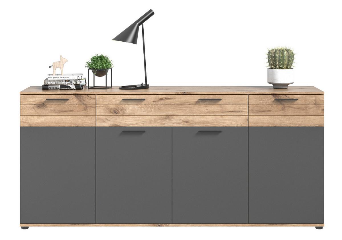 SIDEBOARD Eiche, grau 200 cm, KOMMODE mit Soft-Close, Wohn- und Esszimmermöbel - Eichefarben/Schwarz, Holzwerkstoff/Kunststoff (200/91/40cm) - Inn.Furn