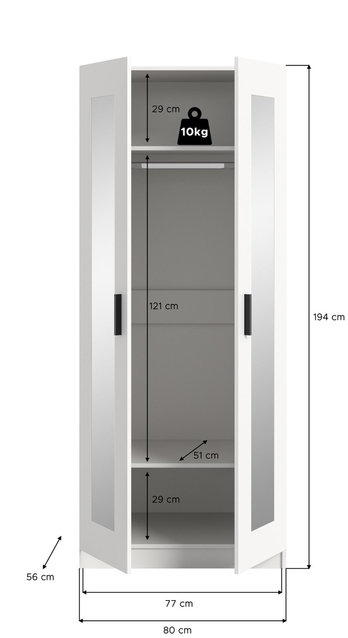 KLEIDERSCHRANK in weiß 80 x 194 cm skandinavisch, Drehtürenschrank 2-türig mit Spiegel - Schwarz/Weiß, Glas/Holzwerkstoff (80/194/56cm) - Inn.Furn