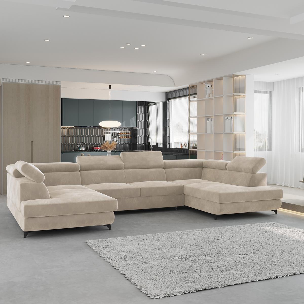 WOHNLANDSCHAFT VINTESSA Creme Velours-Stoff mit Schlaffunktion - Creme, Holz (323/89/190cm) - MASSENO