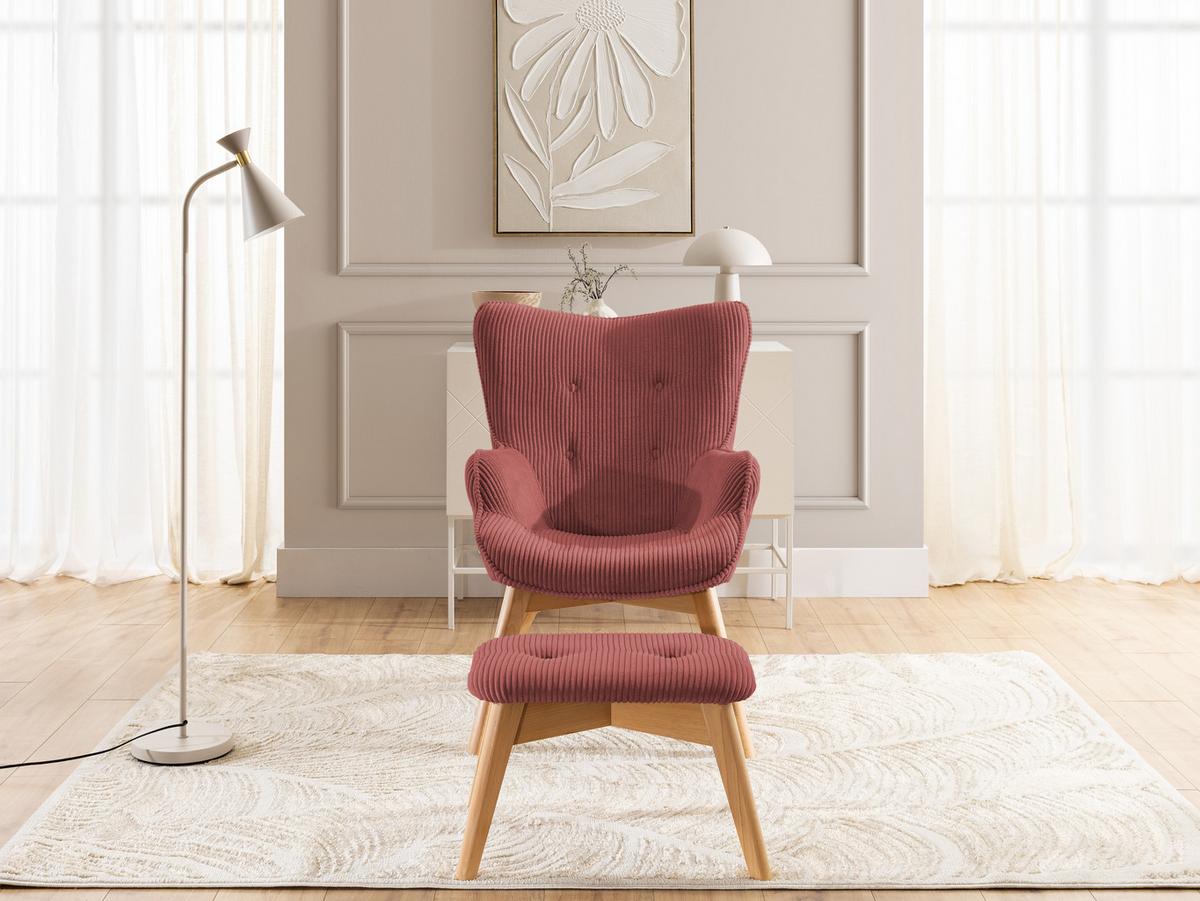 LOUNGESESSEL mit Fußhocker Lenari Terrakotta Cordstoff mit Füßen in Natur - Terracotta/Naturfarben, Holz/Textil (71/96/86cm) - S-Style Möbel
