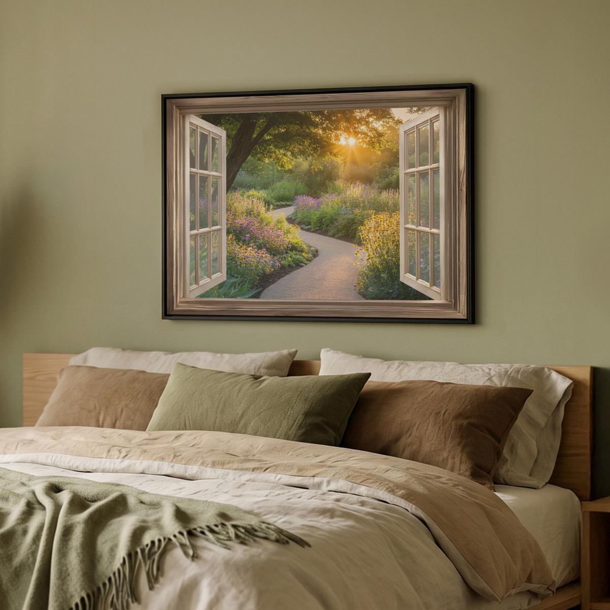 LEINWAND Bilder mit Rahmen - Aussicht - Blumen - Natur - Sonne - Weg - 70x50 - Hellgelb, Textil (70/50cm) - MuchoWow