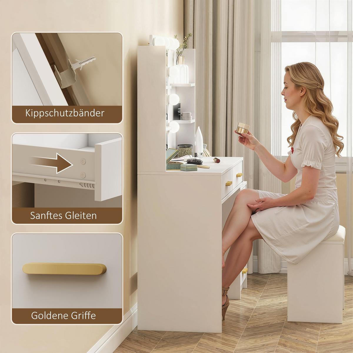 SCHMINKTISCH mit Hocker MDF Glas Weiß - Goldfarben/Weiß, Holzwerkstoff/Metall (40/140/120cm) - HOMCOM