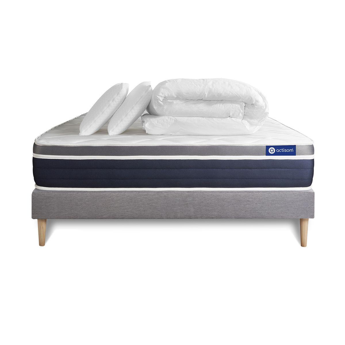 BETT Actimemo confort Memory-Schaum 160 x 200 cm h2 - Kit Bettgestell Grau - Mit Kissen und Bettdecke - Beige/Grau, Karton/Holz (160/200cm) - ACTISOM