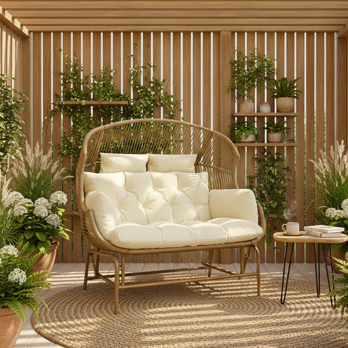 GARTENSCHAUKEL 145 cm Natur PE-Rattan 2-Sitzer Schaukelstuhl mit Kissen & Metallgestell für Balkon und Terrasse - Naturfarben, Metall (145/143/85cm) - Urban Meuble