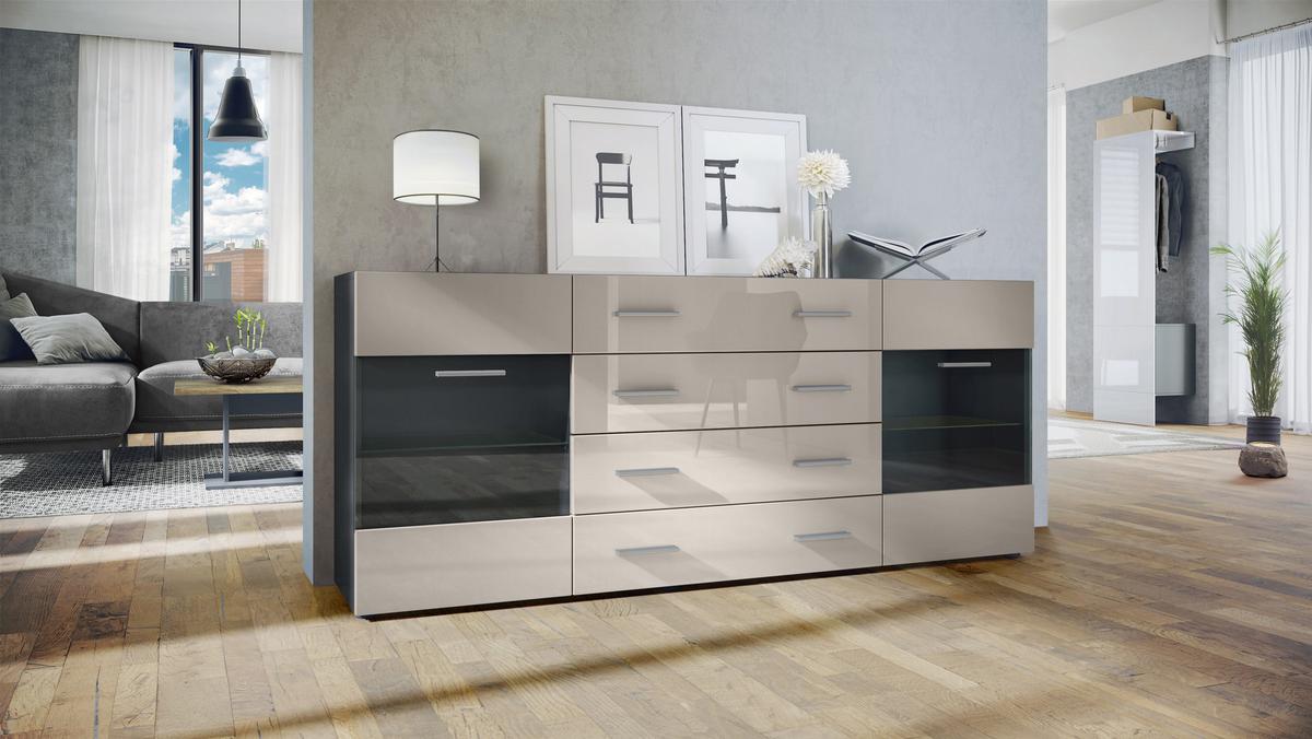 SIDEBOARD Carlos Sandgrau Hochglanz - Sandfarben, Holzwerkstoff (166/72/35cm) - Vladon