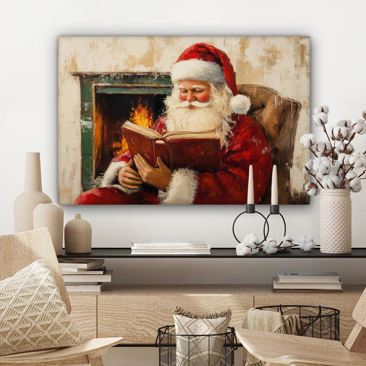 LEINWANDBILD Weihnachten - Weihnachtsmann - Winter - Open Fireside Gemälde 60x40 cm - Dunkelrot, Textil (60/40cm) - MuchoWow