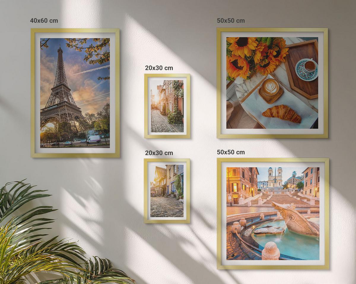 BILDER SET 5er Set - 50x50 cm & 20x30 cm & 40x60 cm Goldrahmen - Charmante Straßen mit Kaffee - Goldfarben, Kunststoff (40/60cm) - TULUP