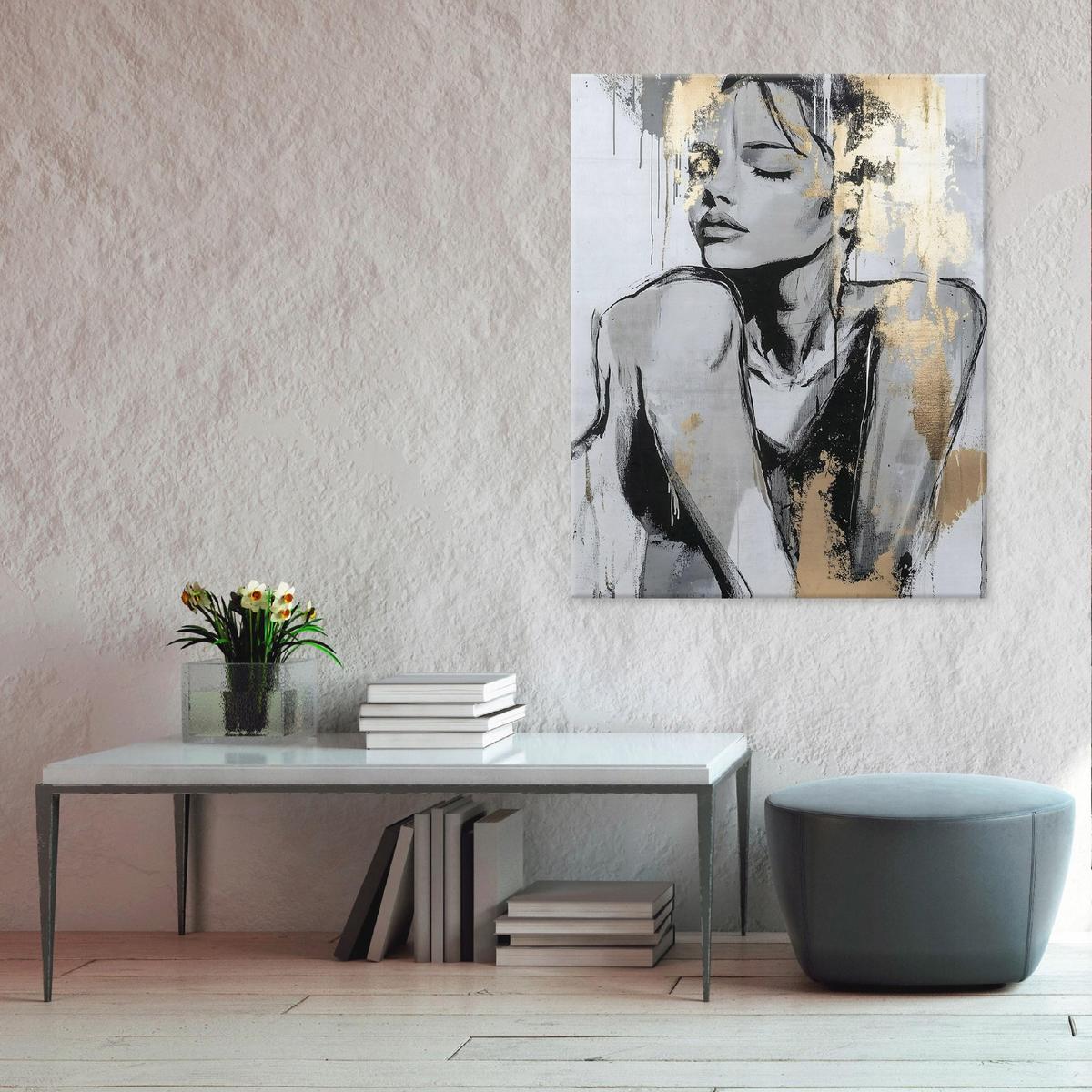LEINWANDBILD Abstrakt Frau Modern Wohnzimmer 100x70 - Goldfarben, Holzwerkstoff (70/100cm) - Wallarena