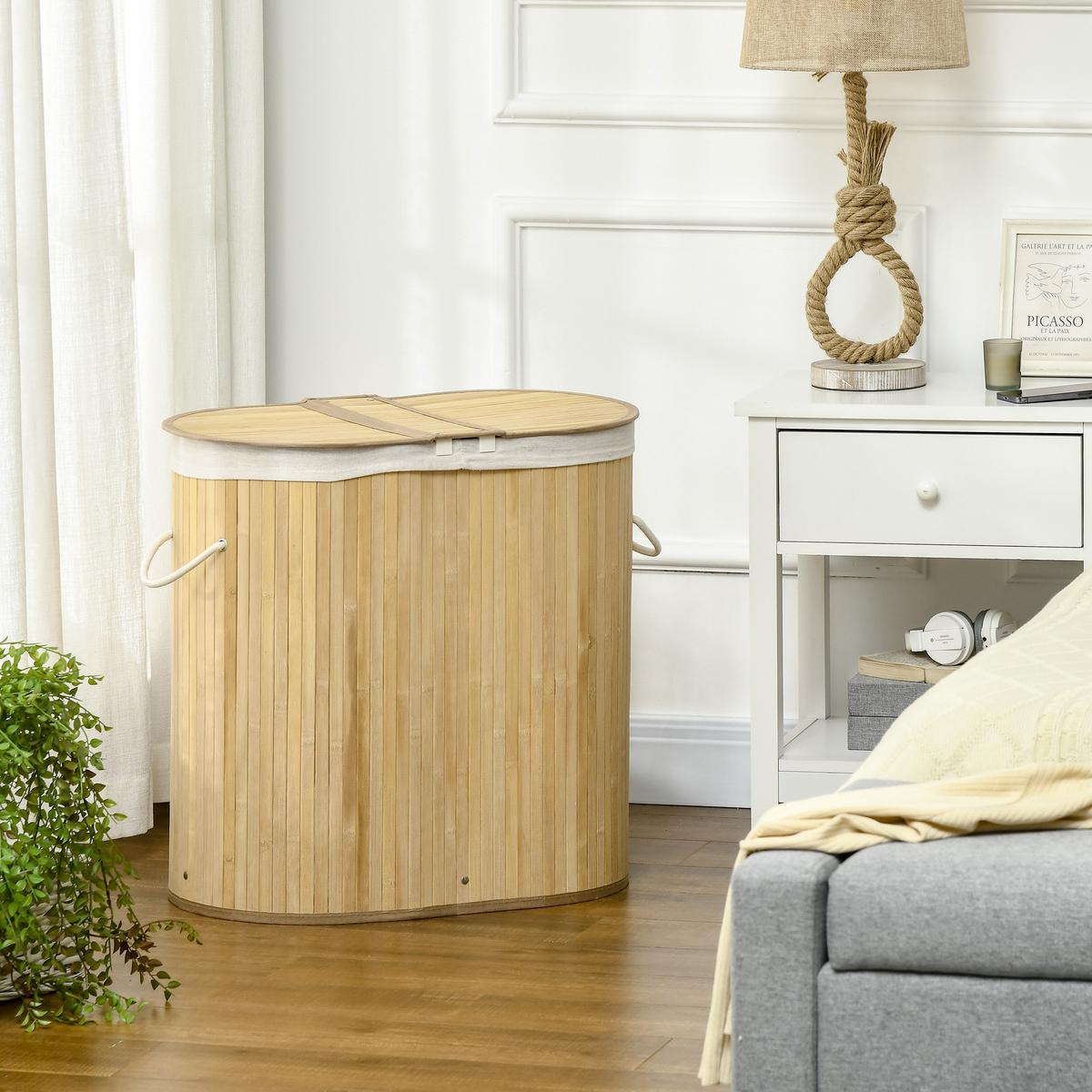 WÄSCHEKORB 100L Wäschebox mit Deckel, Griff, 2 Abschnitten Bambus Natur - Naturfarben, Naturmaterialien (37/60.5/62.5cm) - HOMCOM