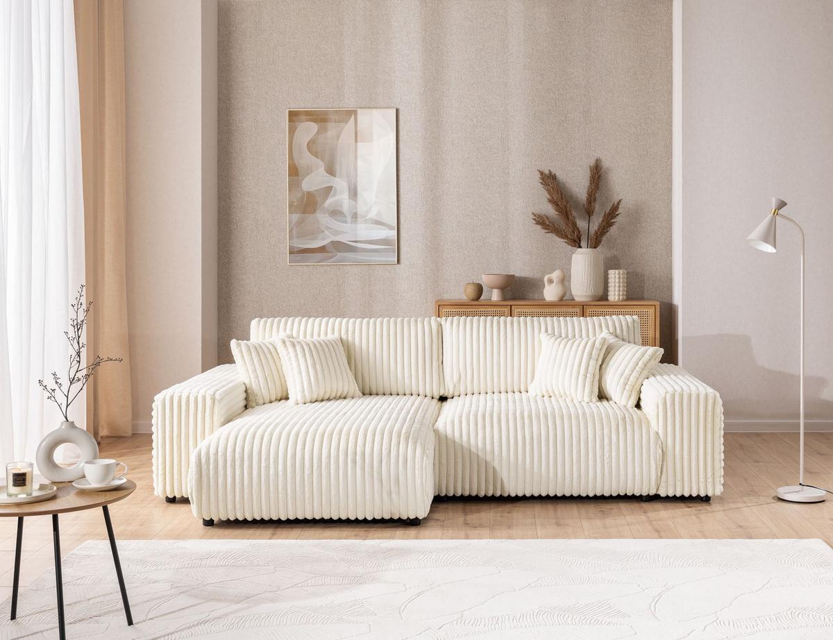 ECKSOFA Mollis Hellbeige Plüschcord - Ottomane Links - Beige/Schwarz, Holz/Kunststoff (255/168cm) - S-Style Möbel