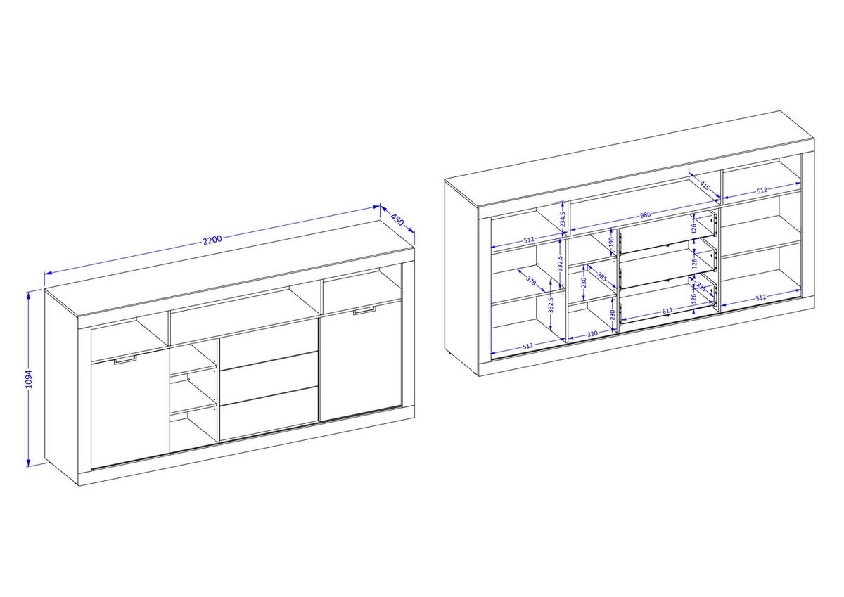 SIDEBOARD DAVOR 220x45x109 cm mit 3 Schubladen und 2 Türen Eichefarben - Braun, Holzwerkstoff (220/109/45cm) - MASSENO