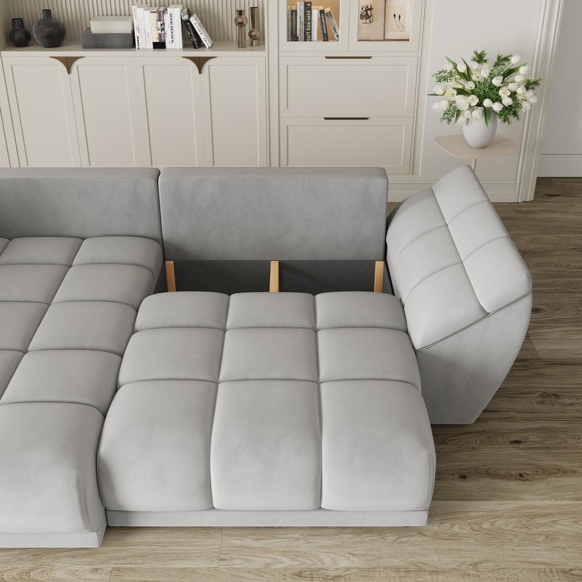 ECKSOFA ORENTI L-S Hellgrau Velours-Stoff mit Schlaffunktion - Hellgrau, Holz (287/182cm) - MASSENO