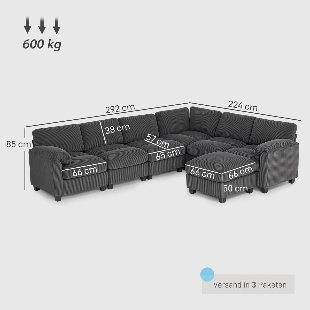 ECKSOFA Polyester Dunkelgrau - Dunkelgrau/Schwarz, Kunststoff/Textil (224/292cm) - HOMCOM