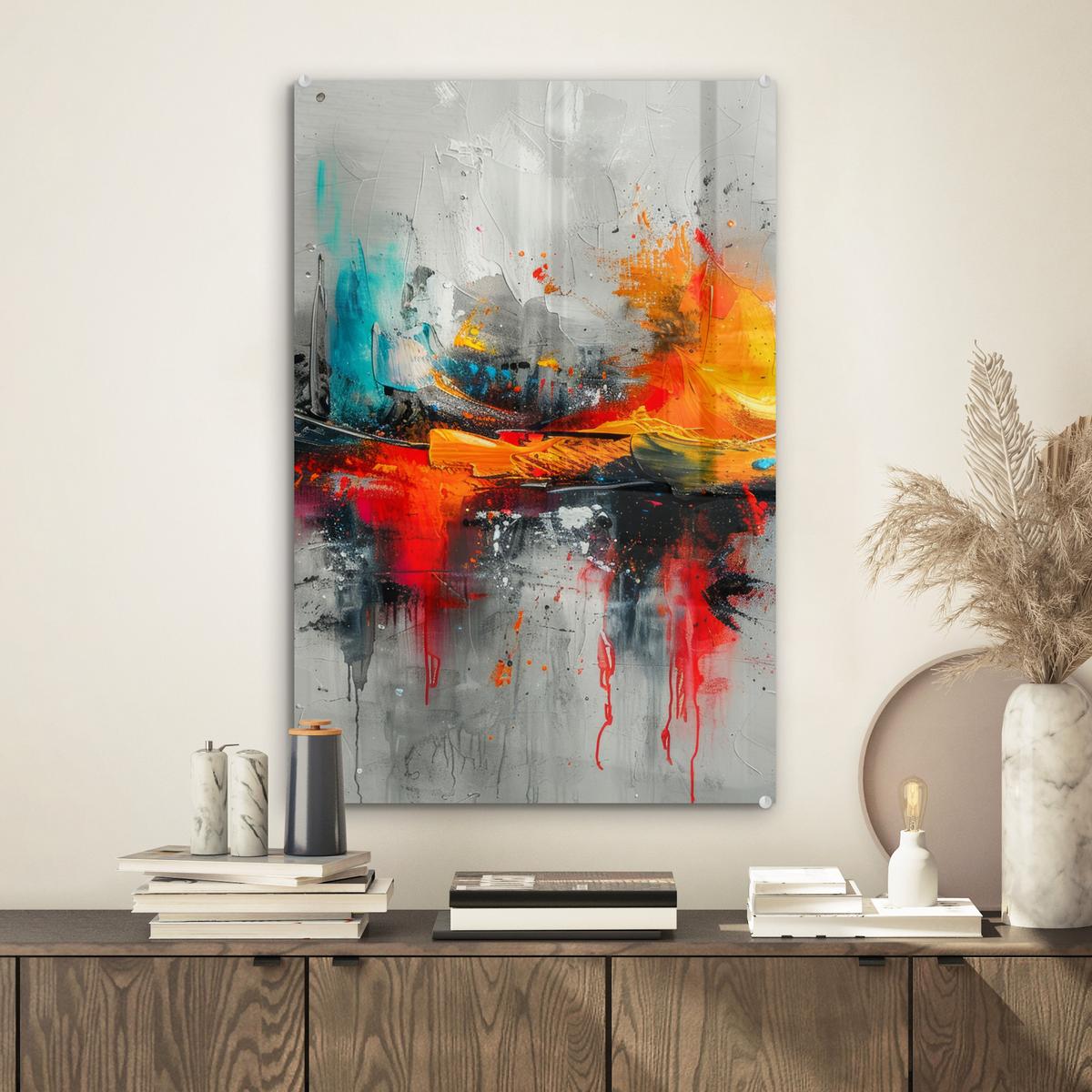 ACRYLGLASBILD Moderne Kunst - Orange - Grau - Abstrakt Wanddeko Wohnzimmer 40x60 cm - Hellgrau, Glas (40/60cm) - MuchoWow