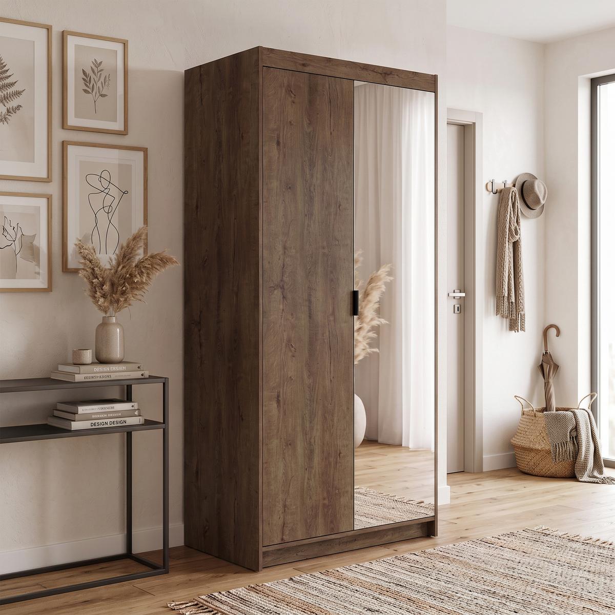 DREHTÜRENSCHRANK Elena mit 2 Türen und Spiegel, 90 cm, Eiche Lefkas - Eichefarben, Holzwerkstoff (90/190/53cm) - Beautysofa