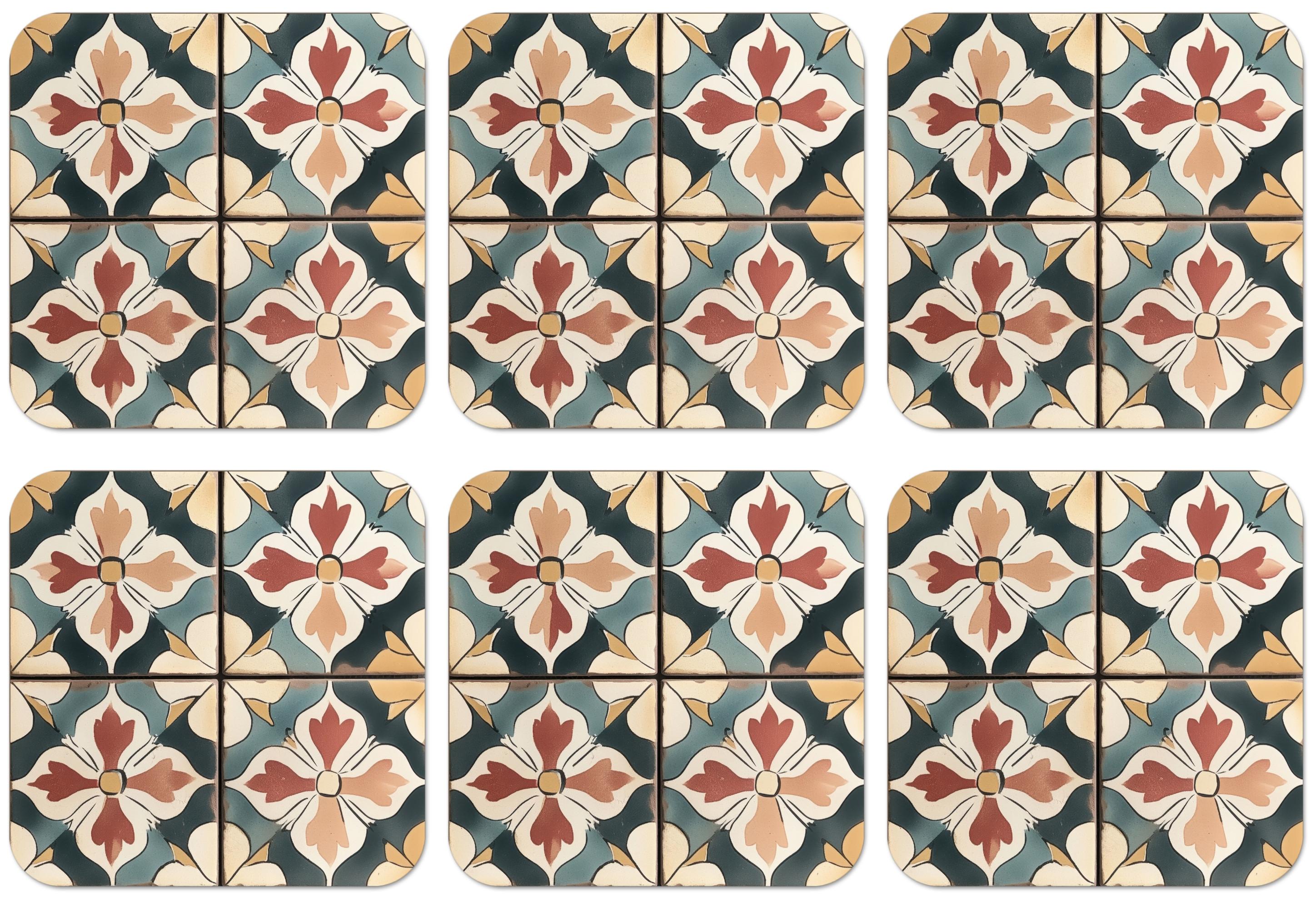 GLASUNTERSETZER 6er-Set Dekorationen - Kacheln - Spanisch - Vintage Telleruntersetzer 10x10 cm - Petrol, Naturmaterialien (10/0.2cm) - MuchoWow
