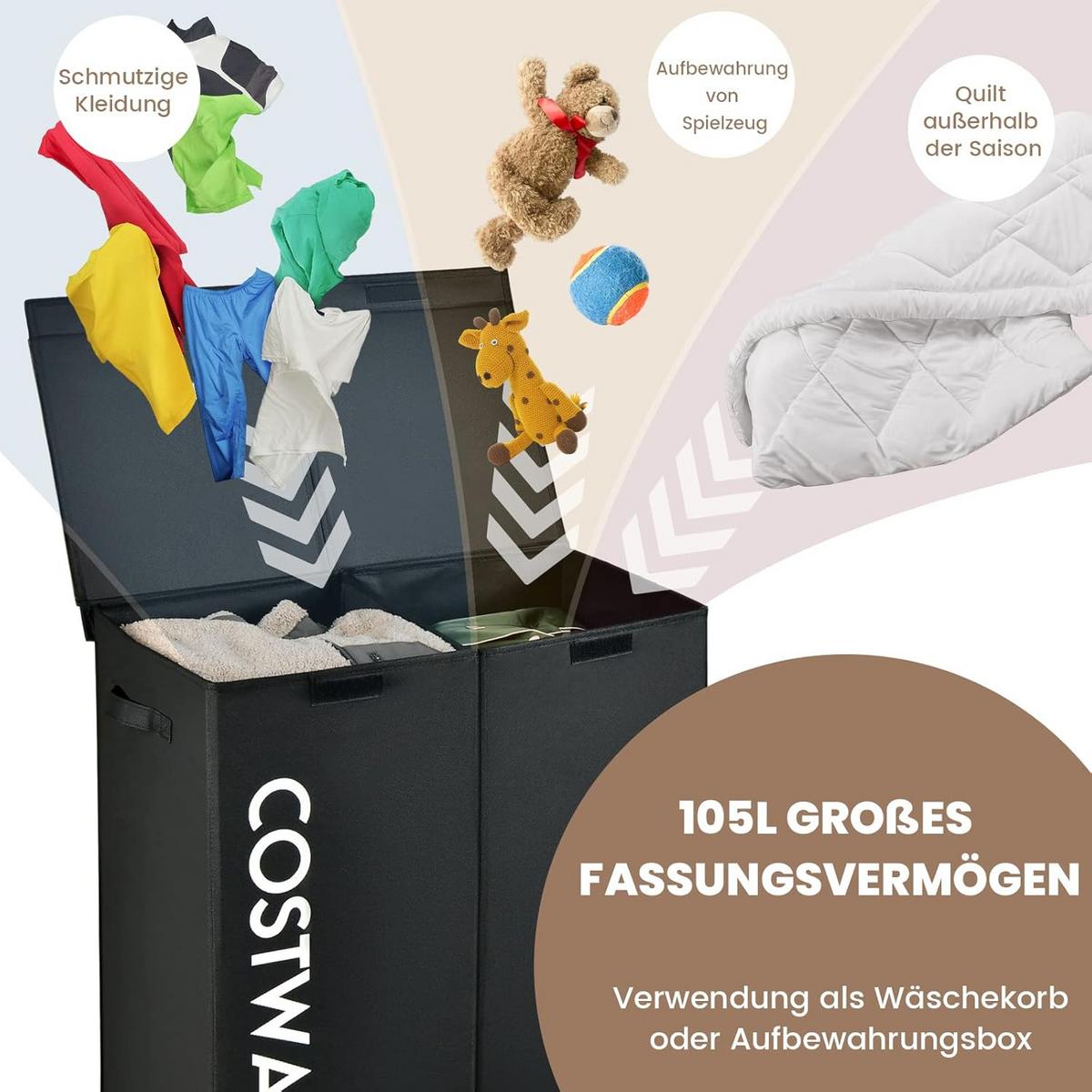 WASCHEKORB Schwarz - Schwarz, Holz (31/62/60cm) - COSTWAY