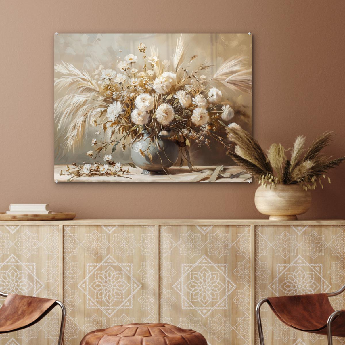 ACRYLGLASBILD Blumen - Vase - Stilleben - Beige 80x60 cm - Creme, Glas (80/60cm) - MuchoWow
