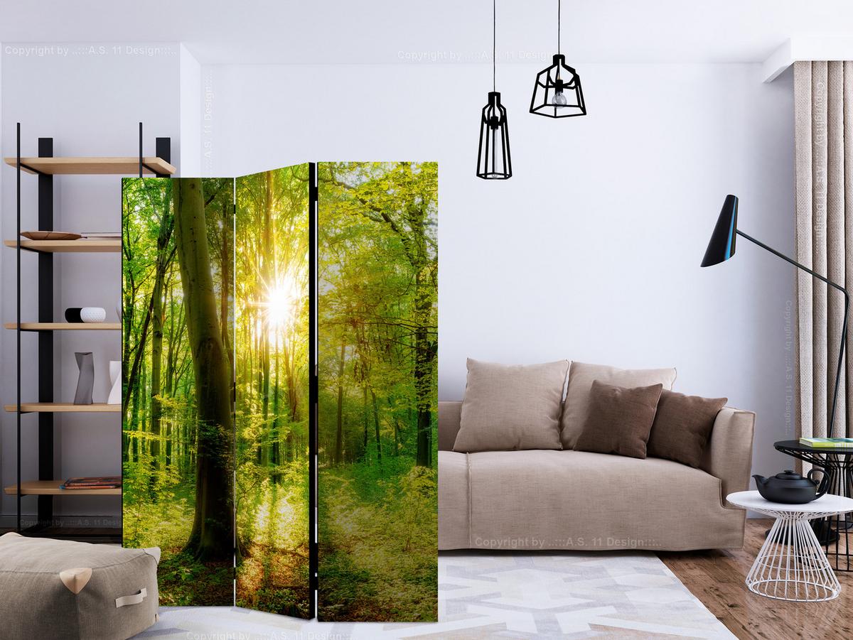 PARAVENT Beidseitig Bedruckter 3-tlg 135x172 cm Sonnenstrahlen im Wald - Grün, Holz/Textil (135/172/3cm) - Muralo
