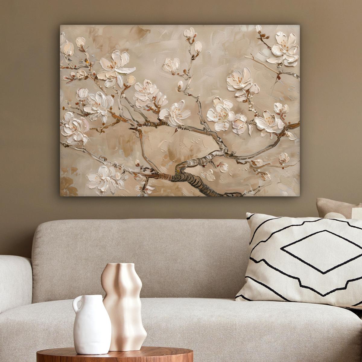 LEINWANDBILD Blumen - Modern - Beige - Weiß - Blüte Wandbilder 80x60 cm - Beige, Textil (80/60cm) - MuchoWow