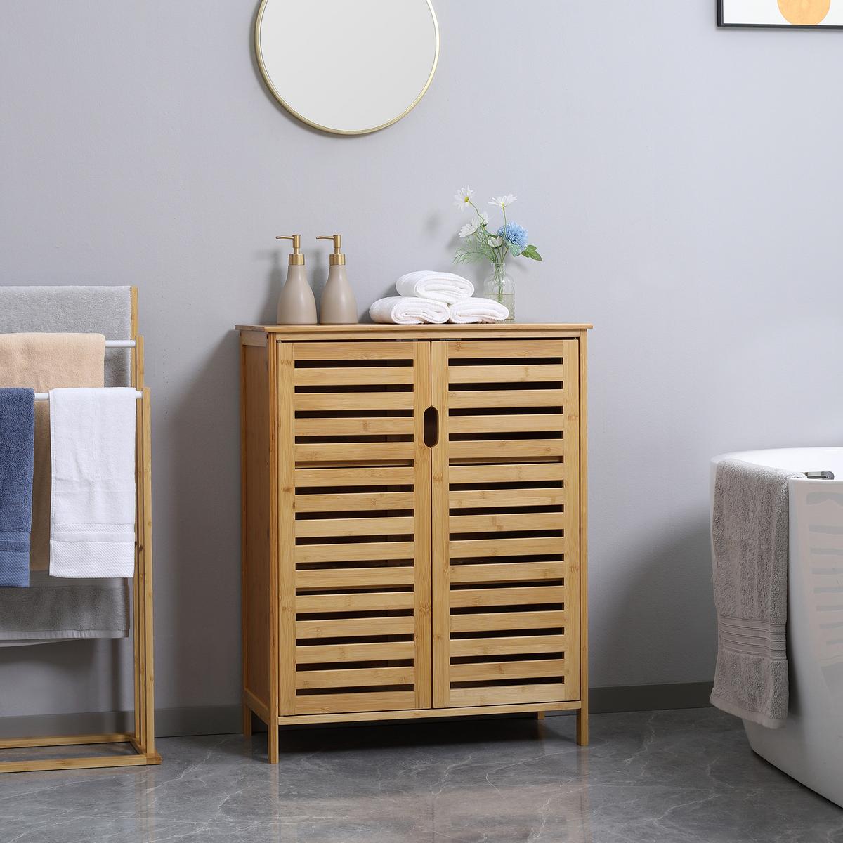 BADEZIMMERSCHRANK mit 2 Lamellentüren, 68 x 32 x 86 cm, Natur - Naturfarben, Naturmaterialien (32/86/68cm) - Kleankin