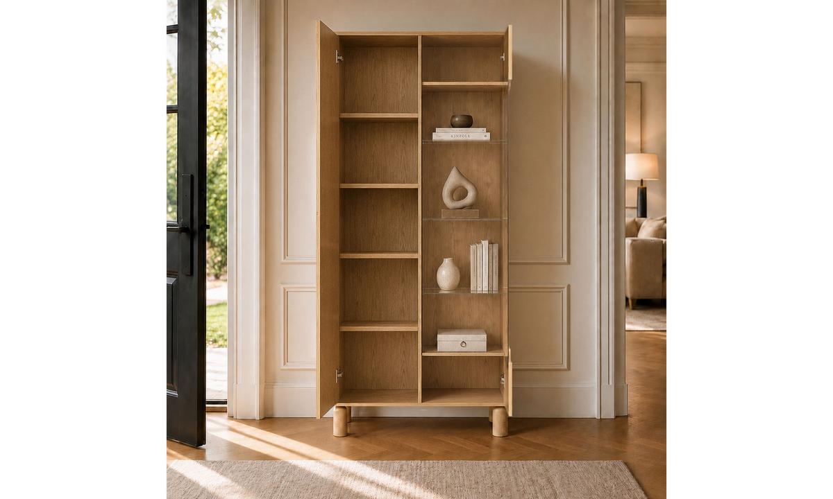 VITRINE LINDEN 89/40,6/197 cm mit Glastür ohne LED Eiche Bookmatch - Eichefarben, Eichenholz/Holzwerkstoff (89/197/40.6cm) - Lookway