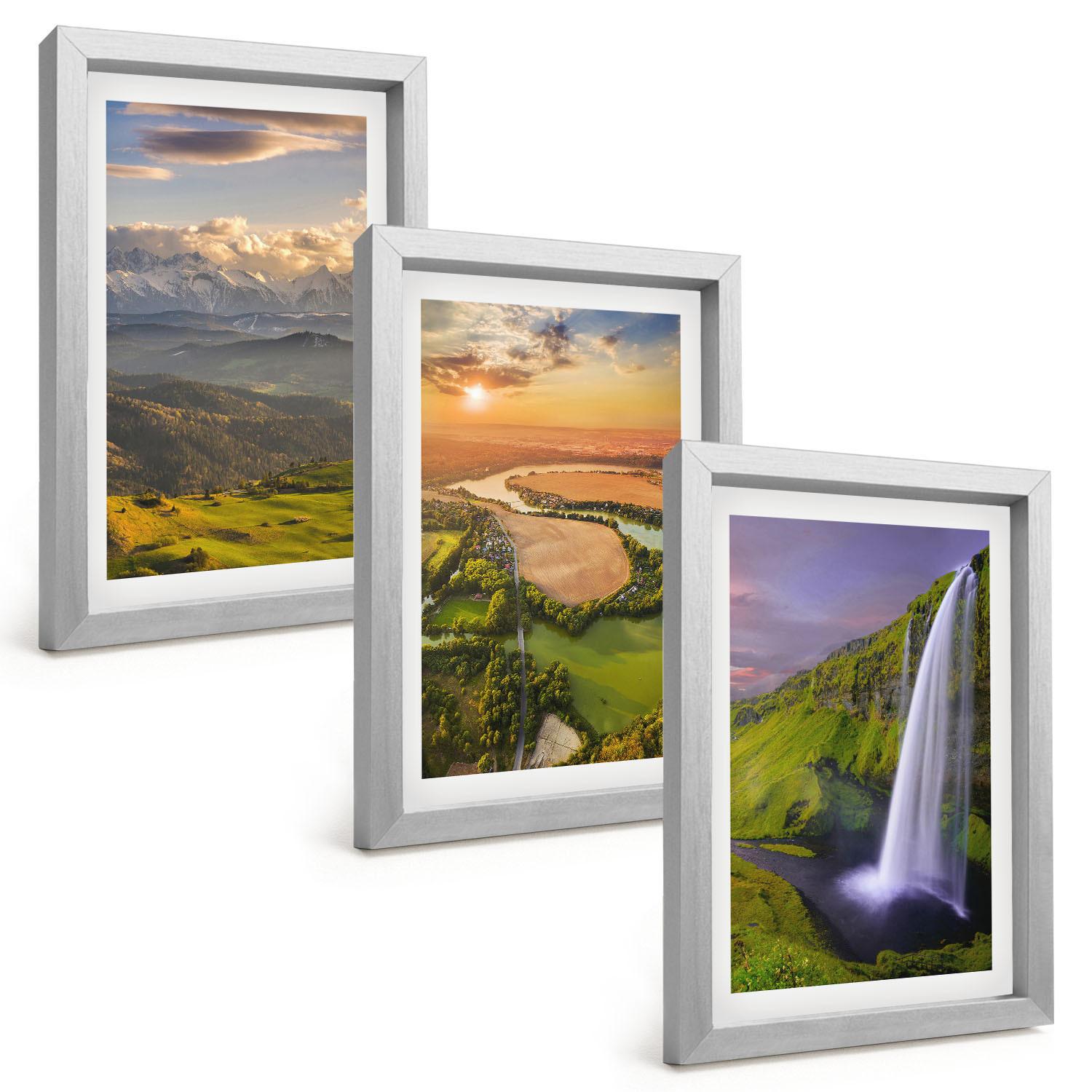 BILDER SET 3er Set - 20x30 cm Silberner Rahmen - Gebirgsflüsse, Wasserfälle, Natur - Silberfarben, Kunststoff (20/30cm) - TULUP