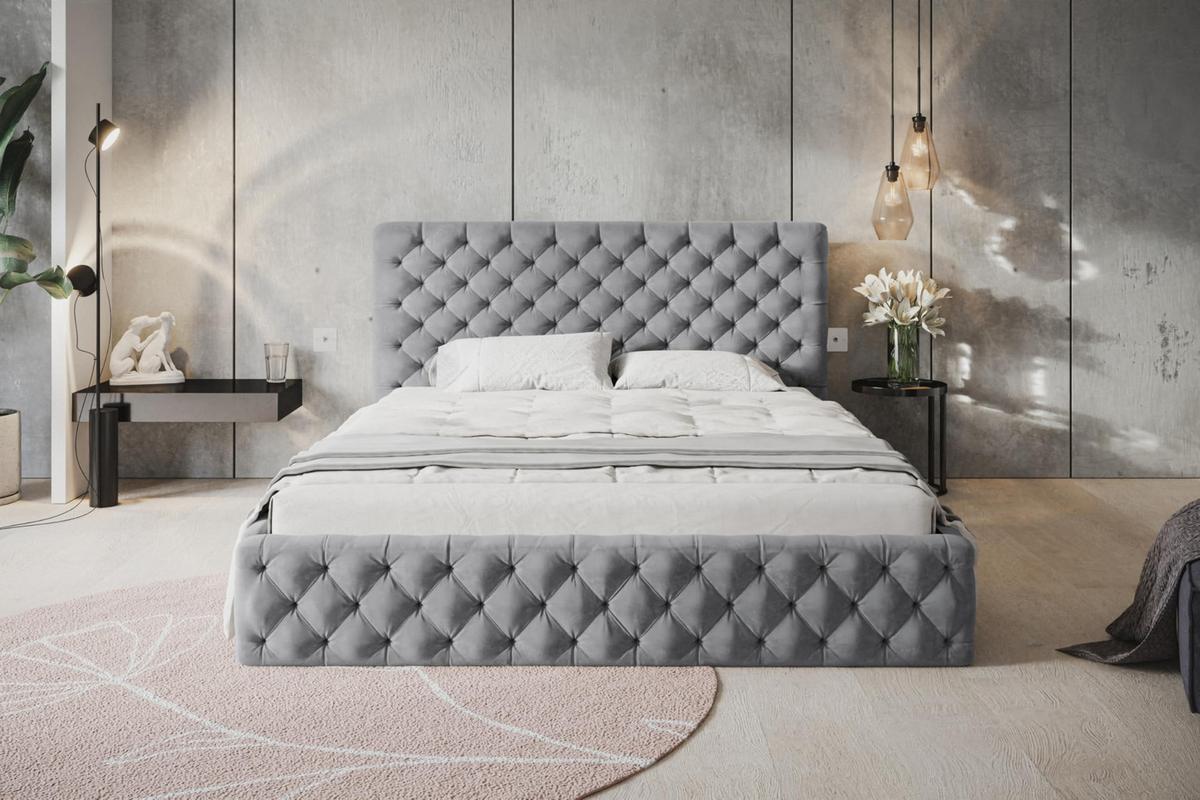 BETT 160x200 - Polsterbett mit Bettkasten und Metallrahmen - Elegant Betten - Weicher Jasminstoff - Kollektion Miami, Grau - Grau, Holz/Textil (160/200cm) - Alpi-Möbel