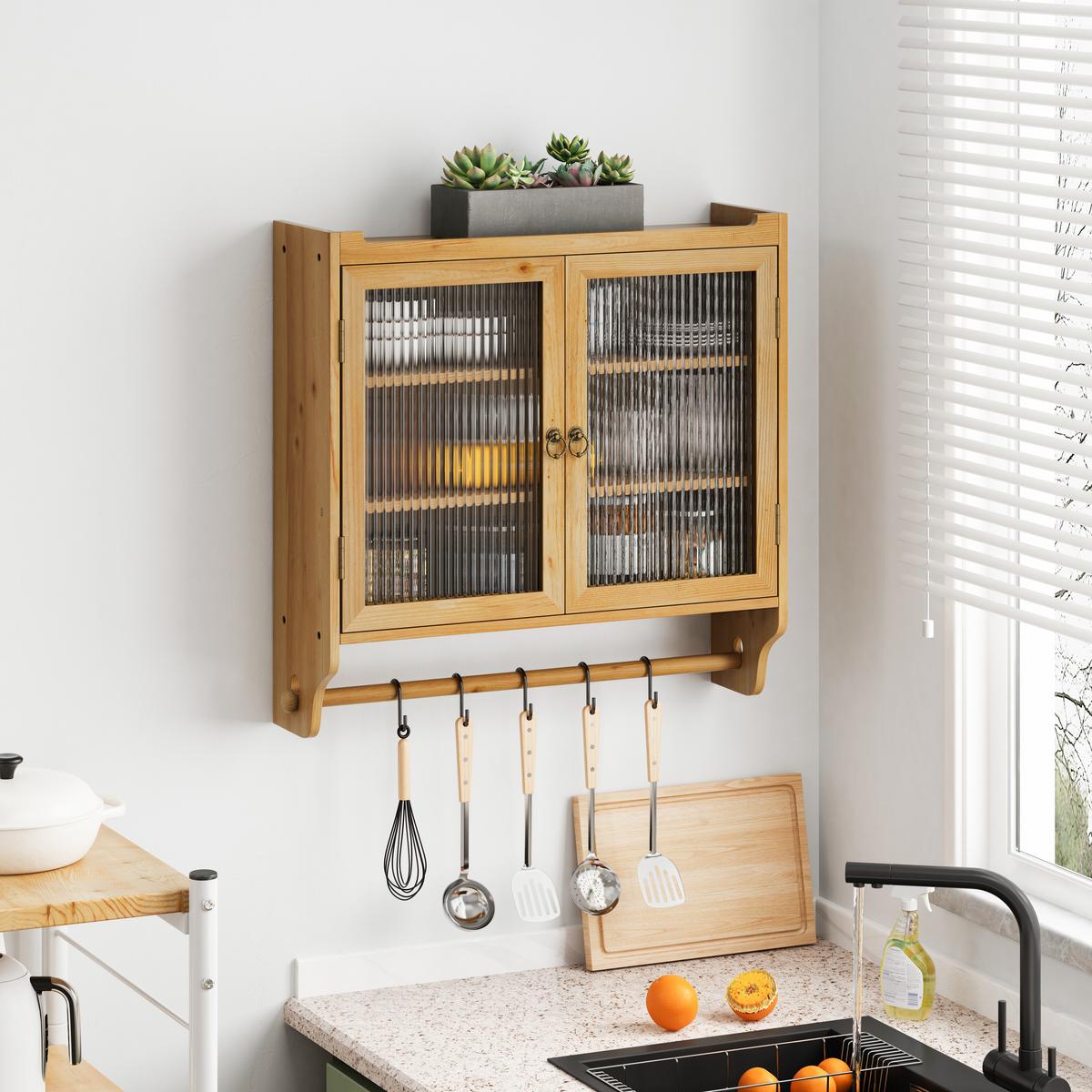 WANDSCHRANK Vintage Naturholz mit Glastüren, 3 Ebenen & Handtuchhalter 63cm - Naturfarben, Holzwerkstoff (63/60/18cm) - Urban Meuble