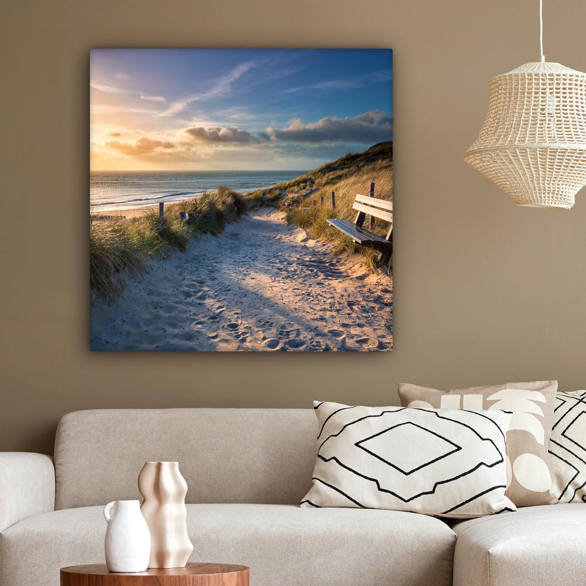 LEINWANDBILD Sonnenuntergang - Strand - Düne - Gras - Ufer Deko Groß 90x90 cm - Sandfarben, Textil (90/90cm) - MuchoWow