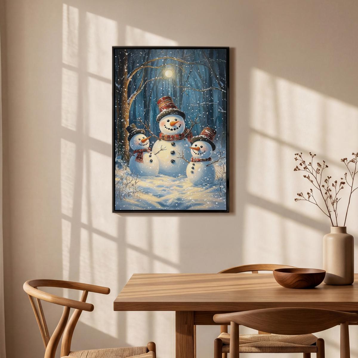 LEINWAND Bilder mit Rahmen - Schneemann - Schnee - Winter - Wald - 60x90 - Hellblau, Textil (60/90cm) - MuchoWow
